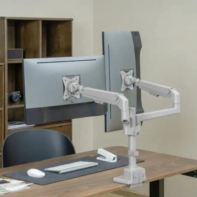 Alt view image 7 of 10 - Mount-It! Dual Monitor Mount - Monitor Stands for 2 Monitors, Computer Arms on Desk Stand, Gas Spring Height Adjustable Desk Mount in Silver, VESA 75, 100 Fits Screens Up to 32", Silver Color