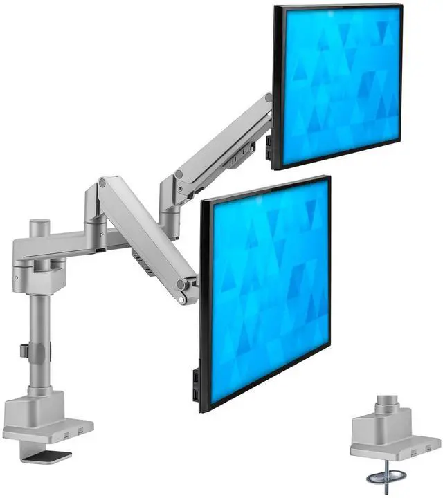 Alt view image 6 of 10 - Mount-It! Dual Monitor Mount - Monitor Stands for 2 Monitors, Computer Arms on Desk Stand, Gas Spring Height Adjustable Desk Mount in Silver, VESA 75, 100 Fits Screens Up to 32", Silver Color