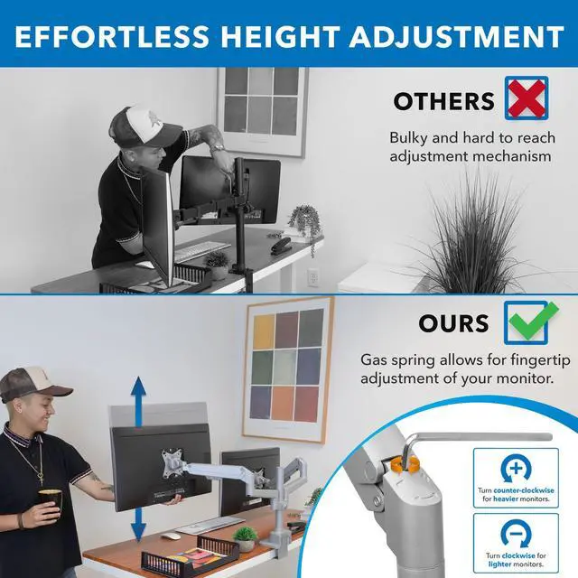 Alt view image 9 of 10 - Mount-It! Dual Monitor Mount - Monitor Stands for 2 Monitors, Computer Arms on Desk Stand, Gas Spring Height Adjustable Desk Mount in Silver, VESA 75, 100 Fits Screens Up to 32", Silver Color