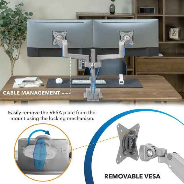 Alt view image 10 of 10 - Mount-It! Dual Monitor Mount - Monitor Stands for 2 Monitors, Computer Arms on Desk Stand, Gas Spring Height Adjustable Desk Mount in Silver, VESA 75, 100 Fits Screens Up to 32", Silver Color