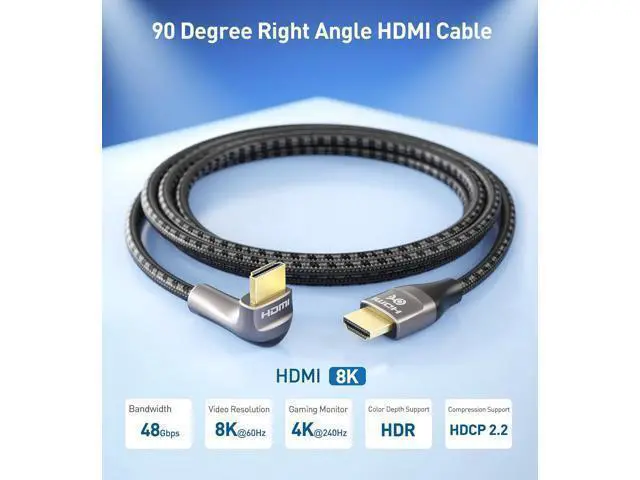 Alt view image 9 of 14 - 48Gbps Ultra HD 8K Right Angle HDMI Cable 6.6 ft (270 Degree HDMI Cable) with 8K@60Hz 4K@240Hz and HDR Support in Black