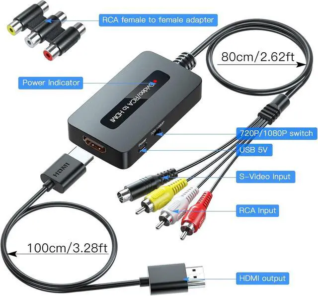 Alt view image 5 of 7 - RCA Svideo to HDMI Converter with HD Cable(RCA and Svideo Integrated) CVBS Composite AV to HDMI Converter