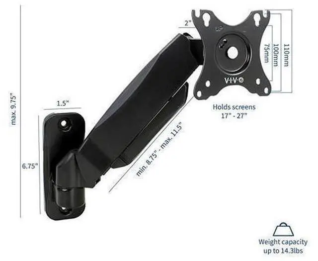 Alt view image 9 of 14 - Black Height Adjustable Pneumatic Arm Single Monitor Wall Mount Full Motion Articulating | fits 17 to 27 inch Screen MOUNTV001A