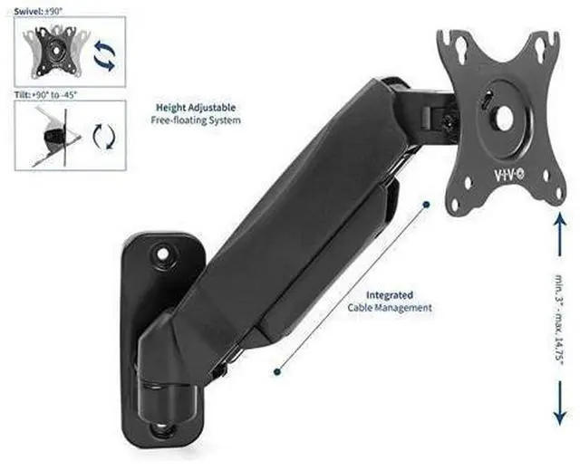 Alt view image 10 of 14 - Black Height Adjustable Pneumatic Arm Single Monitor Wall Mount Full Motion Articulating | fits 17 to 27 inch Screen MOUNTV001A