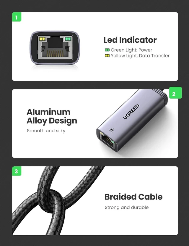 Alt view image 7 of 7 - Vszerda USB to Ethernet Adapter USB 3.0 to 10 100 1000 Mbps Gigabit RJ45 LAN Network Adapter Compatible with Nintendo Switch Laptop PC MacBook Surface XPS Raspberry Pi 4b, and More