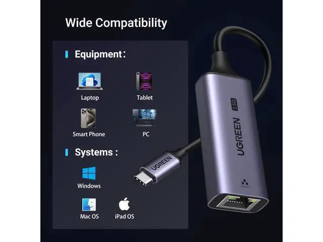 Alt view image 6 of 7 - UGREEN USB C to Ethernet Adapter 2.5G, Ethernet Adapter for Laptop, Aluminum, Type C (Thunderbolt 4/3 Compatible) to RJ45 Network Internet, Compatible for NAS, MacBook Air/Pro, XPS, iPhone 15 Pro/Max