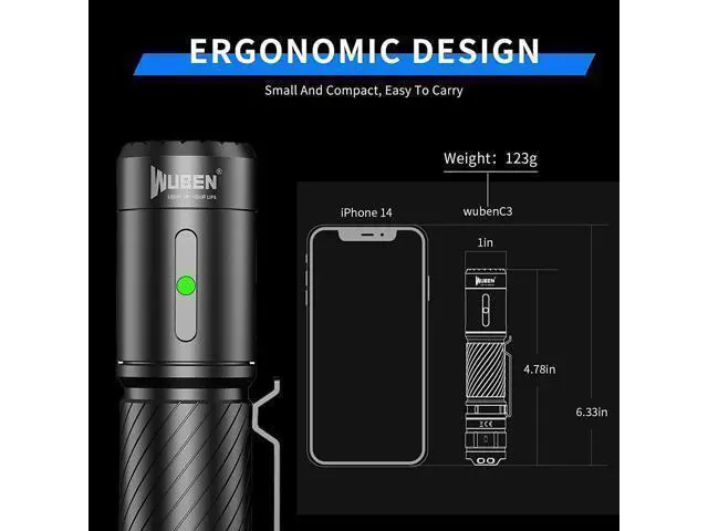 Alt view image 13 of 14 - WUBEN C3 Flashlight 1200 High Lumens Rechargeable Flashlights 6 Modes Super Bright IP68 LED Tactical Flashlight for Camping, Home, Emergency, Rescue, Hunting, Inspection, Repair, Tool Gifts for Men