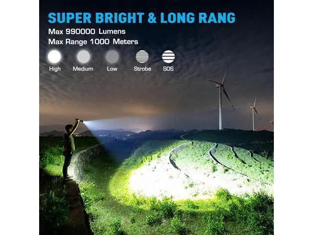 Alt view image 9 of 14 - Rechargeable Flashlights 990000 High Lumens, High Power Led Flashlight, XHP70.2 Powerful Tactical Flashlight with Zoomable, 5 Modes, IPX7 Waterproof, Flashlight for Camping, Hiking, Emergencies