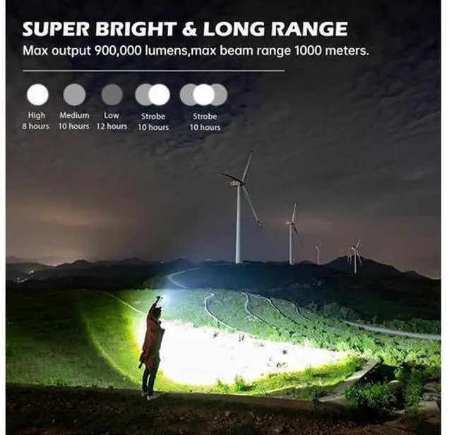 Alt view image 9 of 14 - BERCOL Rechargeable LED Flashlights High Lumens, Super Bright 900,000 Lumens Flashlight with 5 Modes & Waterproof, Powerful 10000mAh High Capacity Flash Light for Camping Emergencies - 2 Pack