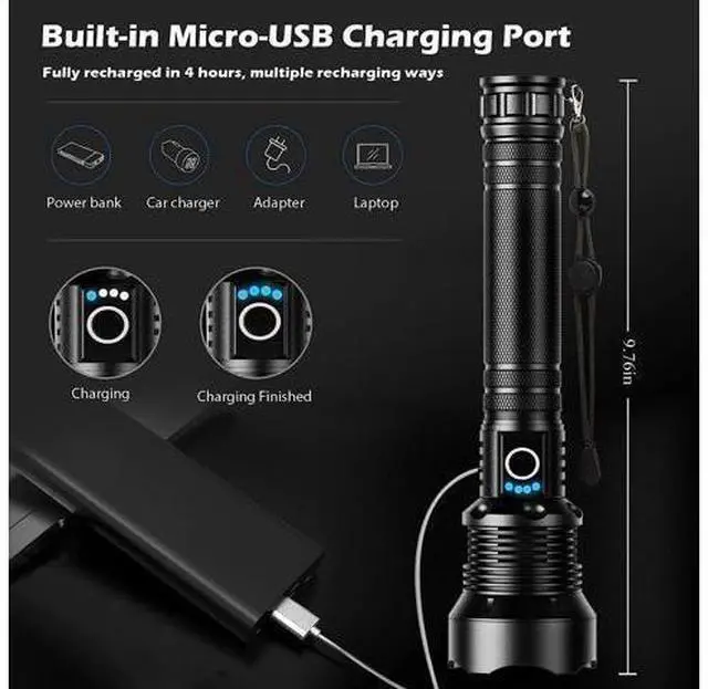 Alt view image 11 of 14 - BERCOL Rechargeable LED Flashlights High Lumens, Super Bright 900,000 Lumens Flashlight with 5 Modes & Waterproof, Powerful 10000mAh High Capacity Flash Light for Camping Emergencies - 2 Pack