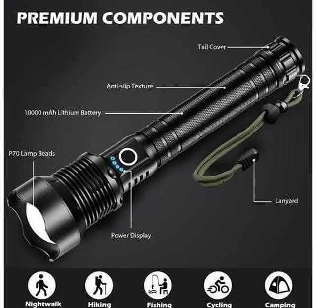 Alt view image 14 of 14 - BERCOL Rechargeable LED Flashlights High Lumens, Super Bright 900,000 Lumens Flashlight with 5 Modes & Waterproof, Powerful 10000mAh High Capacity Flash Light for Camping Emergencies - 2 Pack