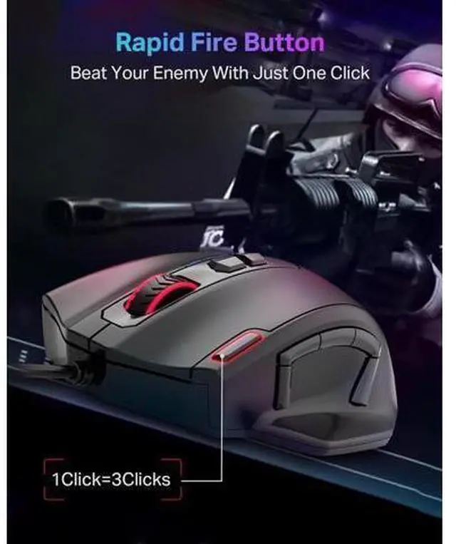 Alt view image 7 of 10 - Wired Large Gaming Mouse, Big Gamer Mouse with Rapid Fire Button, 5 Side Buttons, 12400 DPI, 5 Backlit Modes, 11 Programmable Macro Shortcuts, Adjustable Weights, Comfort Grip for Windows