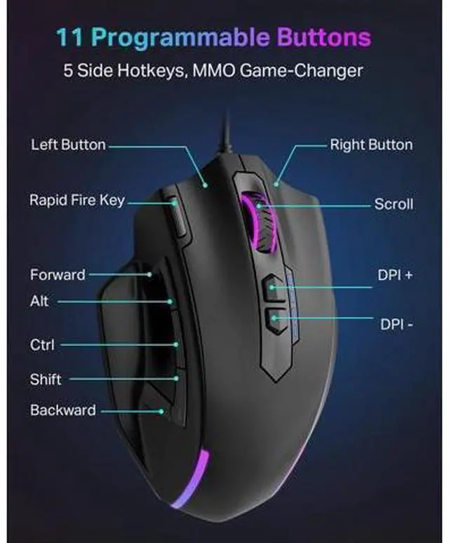 Alt view image 8 of 10 - Wired Large Gaming Mouse, Big Gamer Mouse with Rapid Fire Button, 5 Side Buttons, 12400 DPI, 5 Backlit Modes, 11 Programmable Macro Shortcuts, Adjustable Weights, Comfort Grip for Windows