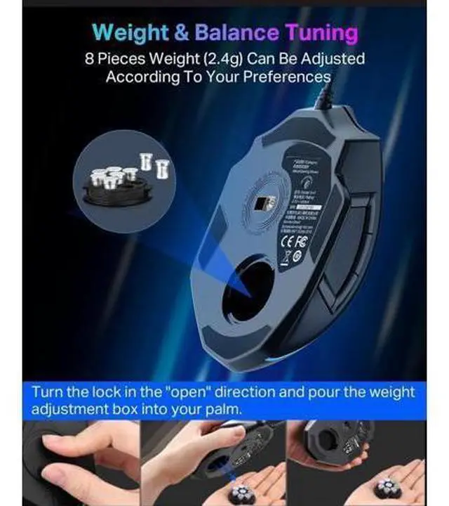 Alt view image 10 of 10 - Wired Large Gaming Mouse, Big Gamer Mouse with Rapid Fire Button, 5 Side Buttons, 12400 DPI, 5 Backlit Modes, 11 Programmable Macro Shortcuts, Adjustable Weights, Comfort Grip for Windows
