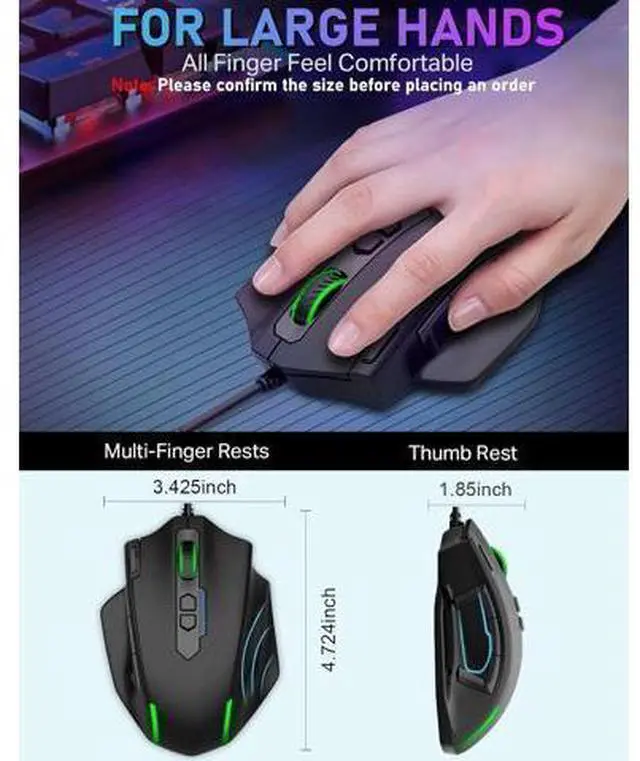 Alt view image 9 of 10 - Wired Large Gaming Mouse, Big Gamer Mouse with Rapid Fire Button, 5 Side Buttons, 12400 DPI, 5 Backlit Modes, 11 Programmable Macro Shortcuts, Adjustable Weights, Comfort Grip for Windows