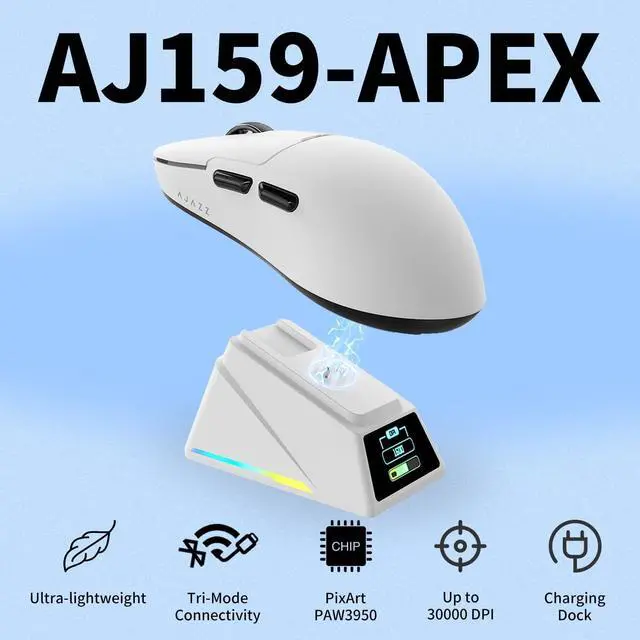 Alt view image 11 of 12 - AJ159 APEX Wireless Gaming Mouse with TFT Color Screen Charging Dock, 56g Ultra-Lightweight Ambidextrous Mice, PAW3950 Sensor, Tri-Mode