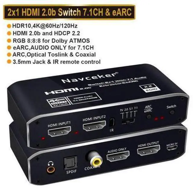 Alt view image 6 of 10 - 2x1 4K 120Hz Switch eARC Audio Extractor ARC Optical Toslink 2.0 Switch 4K 60Hz Switcher Remote for Apple TV PS4