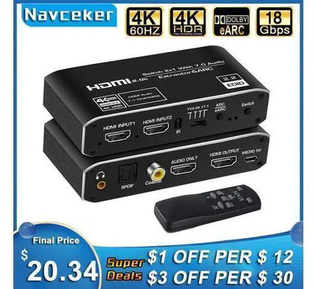 Alt view image 10 of 10 - 2x1 4K 120Hz Switch eARC Audio Extractor ARC Optical Toslink 2.0 Switch 4K 60Hz Switcher Remote for Apple TV PS4