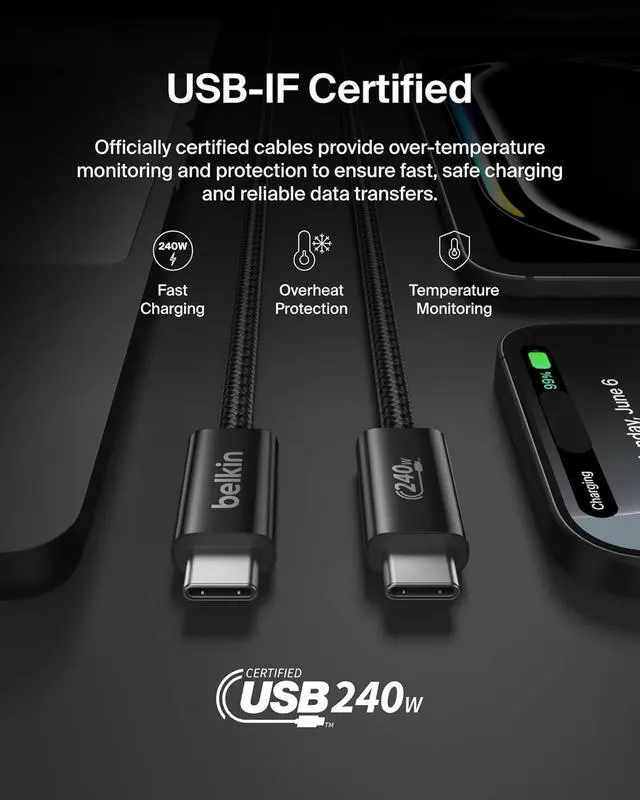 Alt view image 11 of 14 - USB C to USB C Cable ?2-Pack 6.6ft 240W - Type C Charger iPhone Charger Cord Soft Braided Flexible for iPhone 17 Galaxy S25 Pixel 10 MacBook Chromebook iPad Pro Switch C Black