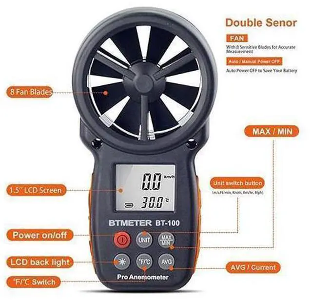 Alt view image 10 of 14 - BT100 Handheld Anemometer Digital Wind Speed Meter Gauge for HVAC CFM Tester Air Flow Velocity Wind Chill 14113 Wind Temperature