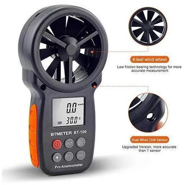 Alt view image 11 of 14 - BT100 Handheld Anemometer Digital Wind Speed Meter Gauge for HVAC CFM Tester Air Flow Velocity Wind Chill 14113 Wind Temperature