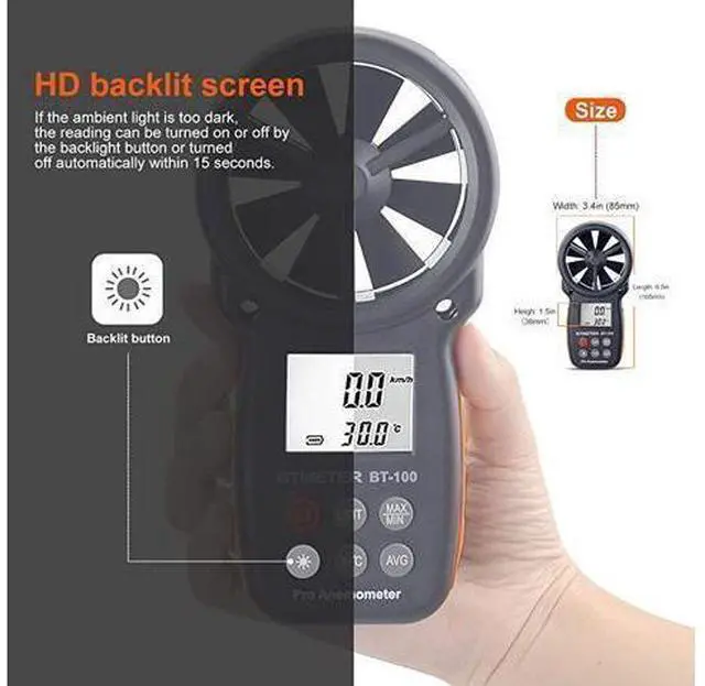 Alt view image 12 of 14 - BT100 Handheld Anemometer Digital Wind Speed Meter Gauge for HVAC CFM Tester Air Flow Velocity Wind Chill 14113 Wind Temperature