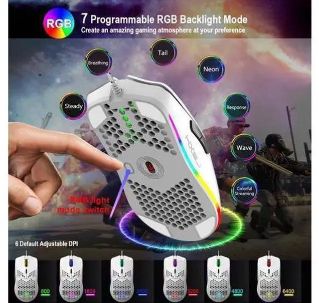 Alt view image 11 of 14 - TROPRO Programmable RGB Gaming Mouse, 6 DPI (1000/1600/2400/3200/4800/6400) 96g Ultra Lightweight Honeycomb Optical LED Wired Mouse with Programmable 6 Keys RGB Marquee Effect Light