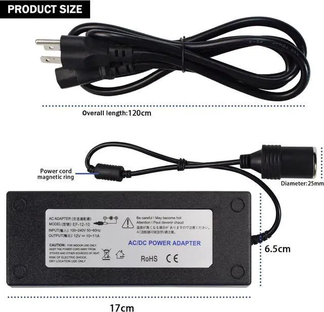 Alt view image 12 of 14 - AC to DC Converter 12V 10A 120W Power Supply 110V-220V to DC 12 Volt Transformer Cigarette Lighter Socket Power Adapter for Air Compressor Car Refrige