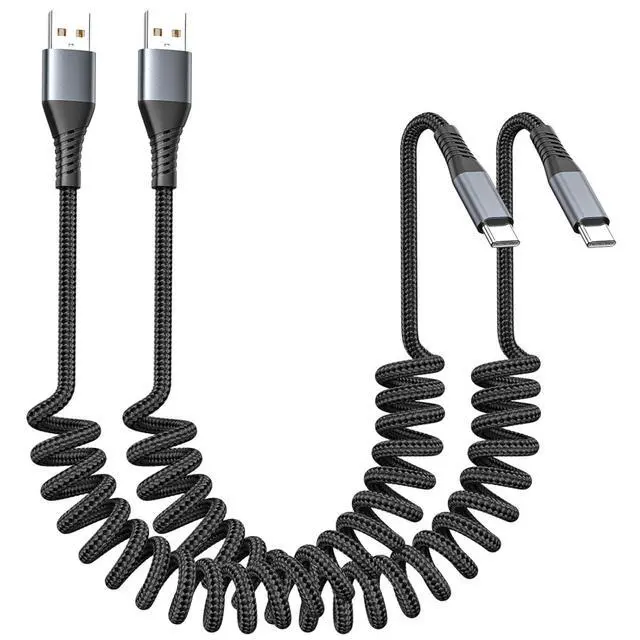 Alt view image 8 of 14 - 2Pack USB C Charger for Car Coiled USB A to USB-C Cable Retractable - 3A Fast Charging & Tangle-Free Braided Type-C Cord for iPhone 17/16/15 Series/Pixel/Moto/LG and More (Flexible 1-3Ft)
