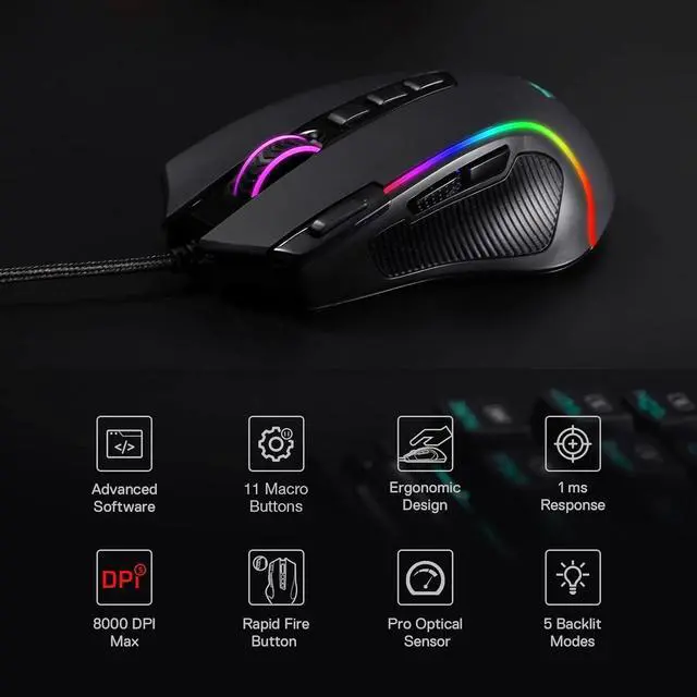 Alt view image 10 of 14 - Redragon M612 Predator RGB Gaming Mouse, 8000 DPI Wired Optical Gamer Mouse with 11 Programmable Buttons & 5 Backlit Modes, Software Supports DIY Keybinds Rapid Fire Button