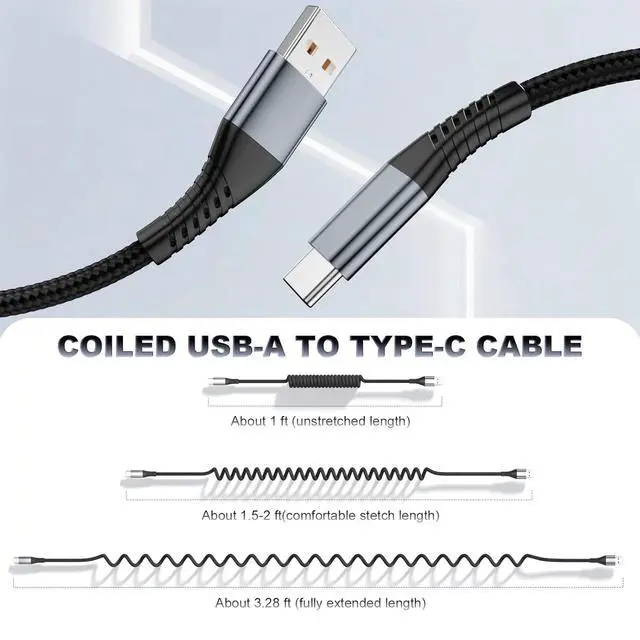 Alt view image 9 of 14 - 2Pack USB C Charger for Car Coiled USB A to USB-C Cable Retractable - 3A Fast Charging & Tangle-Free Braided Type-C Cord for iPhone 17/16/15 Series/Pixel/Moto/LG and More (Flexible 1-3Ft)