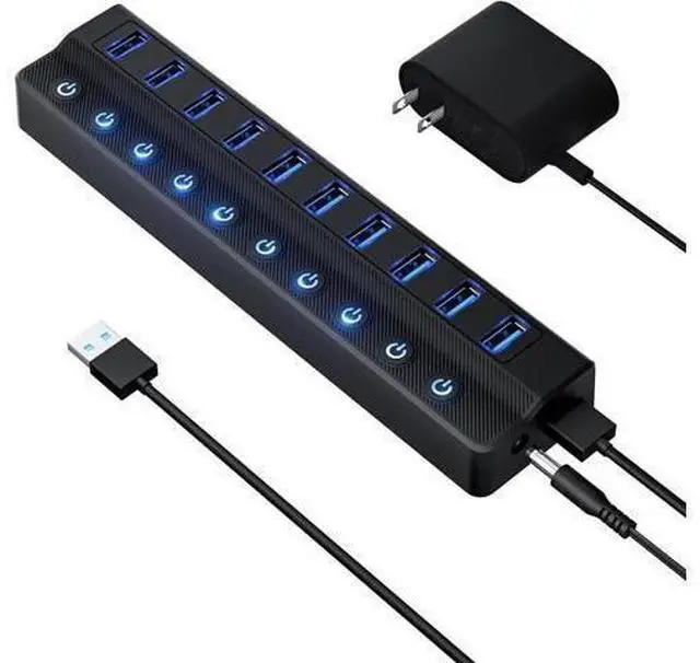 Alt view image 8 of 14 - Powered USB Hub 3.0 10-Port USB Splitter Hub with Individual On/Off Switches and 12V/2A Power Adapter USB Extension