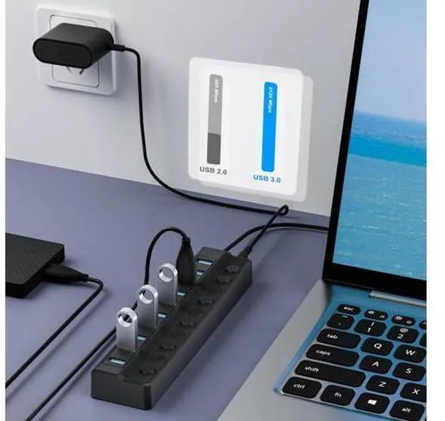 Alt view image 9 of 14 - Powered USB Hub 3.0 10-Port USB Splitter Hub with Individual On/Off Switches and 12V/2A Power Adapter USB Extension