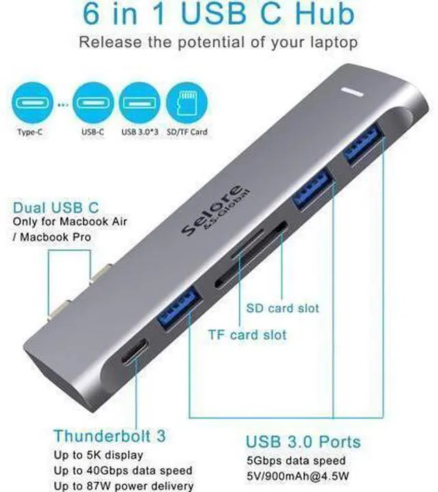 Alt view image 9 of 14 - USB C Adapter for MacBook Pro/MacBook Air M1 M2 M3 2021 2020 2019 13" 15" 16", 6 in 1 USB-C Hub MacBook Pro Accessories with 3 USB 3.0 Ports,USB C to SD/TF Card Reader and 100W Thunderbolt 3 PD Port