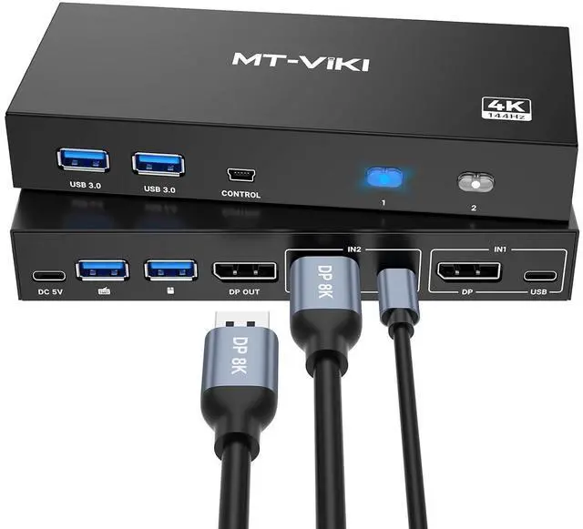 Alt view image 2 of 2 - 8K Displayport KVM Switch 2 in 1 Out DP1.4 with 4 USB 3.0 Ports, Support 8K@60Hz 4K@144Hz Share 1 Monitor Keyboard Mouse U-Disk Printer, with 2 USB A to C Cables