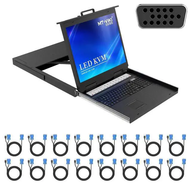 Alt view image 2 of 2 - 19'' LCD KVM Console, 16 Port VGA KVM Switch w/Keyboard+Monitor+Mouse+Drawer+Touchpad, Support OSD/Hotkey/Panel Button Switching (Included 16 KVM Cables)
