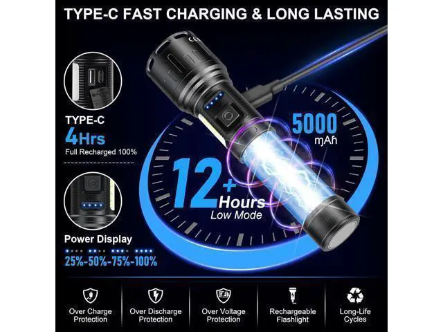Alt view image 5 of 7 - Flashlights High Lumens Rechargeable - 100,000 Lumens Super Bright LED Magnetic Tactical Flashlight with Sidelight 8 Modes Waterproof Powerful Handheld Flash Light for Emergency Camping Home Car