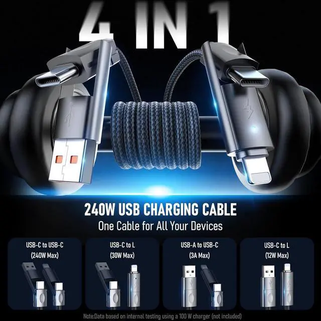 Alt view image 9 of 14 - 4 in 1 Charging Cable 240W USB to USB C Cable 10 ft 2 Pack Fast Charging Multi Charger Cord with Type C/USB A/L Port for iPhone 16/15 /14 Series MacBook iPad Pixel Switch PS5 Tablet and More