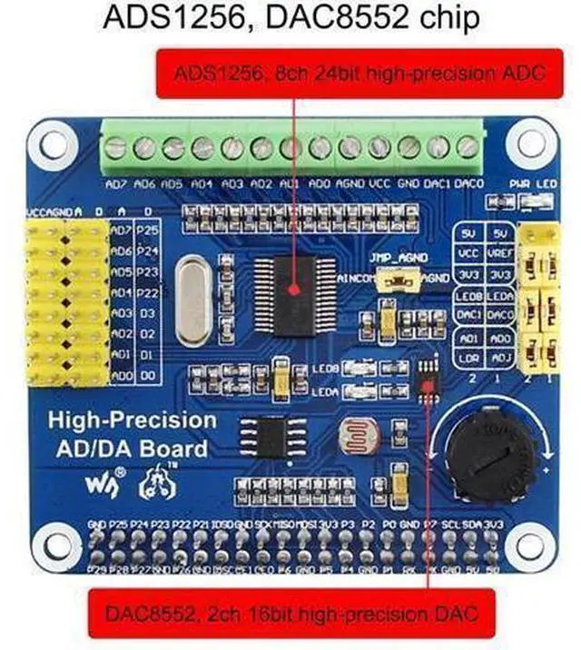 Alt view image 7 of 10 - High-Precision AD/DA Expansion Board for Raspberry Pi 4B/Raspberry Pi 3B+/Raspberry Pi3B/2B/Raspberry Pi Zero/Zero W/Zero WH/Raspberry Pi Zero 2W/ Zero 2WH/Jetson Nano, Onboard ADS1256/ DAC8552 Chip