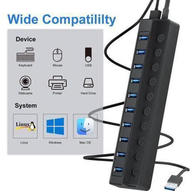 Alt view image 10 of 14 - Powered USB Hub 3.0 10-Port USB Splitter Hub with Individual On/Off Switches and 12V/2A Power Adapter USB Extension