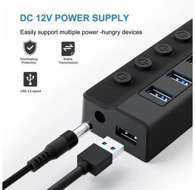 Alt view image 12 of 14 - Powered USB Hub 3.0 10-Port USB Splitter Hub with Individual On/Off Switches and 12V/2A Power Adapter USB Extension
