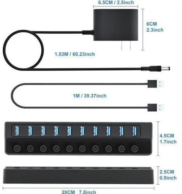 Alt view image 13 of 14 - Powered USB Hub 3.0 10-Port USB Splitter Hub with Individual On/Off Switches and 12V/2A Power Adapter USB Extension