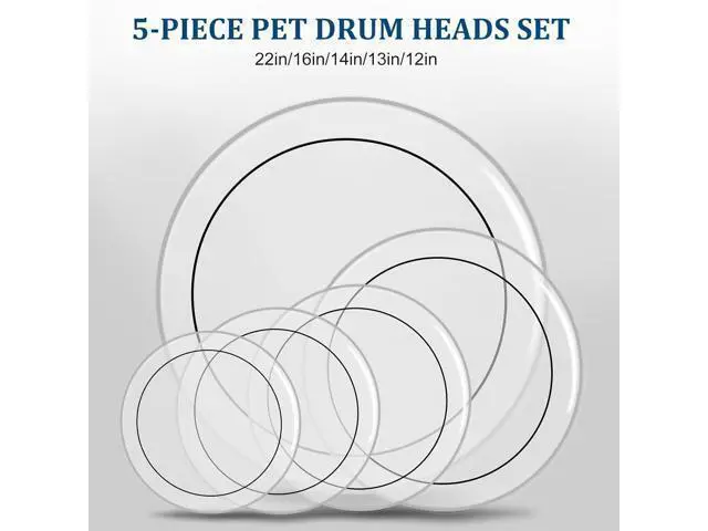 Alt view image 11 of 12 - 5 Pieces Drum Heads, 12" 13" 14" 16" 22" PET Drum Head Kit, Standard Drumhead Pack Fit for Rock & Metal - Clear