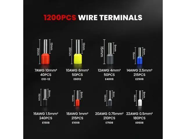 Alt view image 10 of 12 - Ferrule Crimping Tool Kit, AWG 23-7 Self-adjustable Wire Ferrule Crimper Plier Set with 1200pcs Wire Terminals Crimping Connectors Wire Ends Ferrules