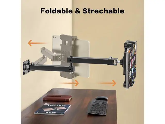 Alt view image 9 of 14 - Foldable Tablet Wall Mount, Sturdy Metal Base, 360° Rotation Tablet Holder Stand with 2-Stage Extendable Arm, Kitchen Wall Mount Bracket Holder for All 4.7-12.9 Inch Tablets