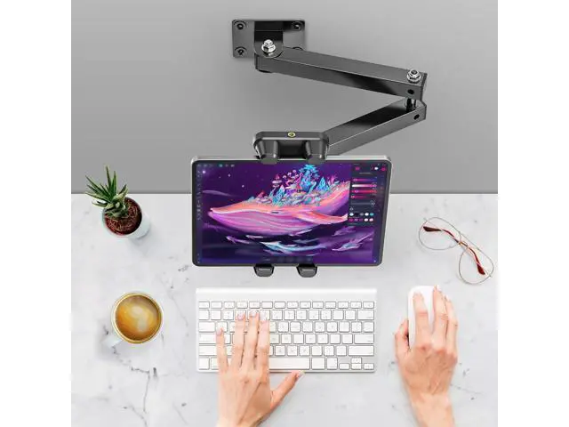 Alt view image 12 of 14 - Foldable Tablet Wall Mount, Sturdy Metal Base, 360° Rotation Tablet Holder Stand with 2-Stage Extendable Arm, Kitchen Wall Mount Bracket Holder for All 4.7-12.9 Inch Tablets