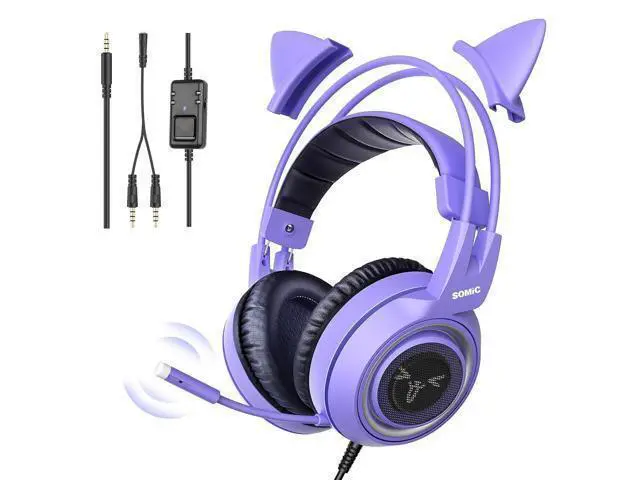 Alt view image 6 of 10 - SOMIC G951S Purple Stereo Gaming Headset with Mic for PS4, PS5, Xbox One, PC, Phone, Detachable Cat Ear 3.5MM Noise Reduction Headphones Computer Gaming Headphone Self-Adjusting Gamer H (G951S-Purple)