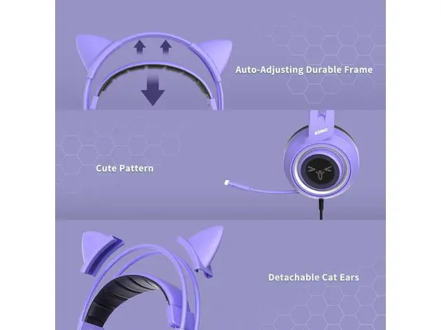 Alt view image 10 of 10 - SOMIC G951S Purple Stereo Gaming Headset with Mic for PS4, PS5, Xbox One, PC, Phone, Detachable Cat Ear 3.5MM Noise Reduction Headphones Computer Gaming Headphone Self-Adjusting Gamer H (G951S-Purple)