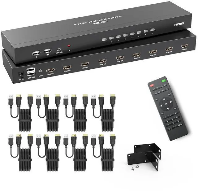 Alt view image 2 of 2 - 4K@60Hz KVM Switch HDMI 8 Port w/8 Cables & 3.5mm Audio, Rack Mount KVM Switch, 4 USB 2.0,HDMI 2.0,HDCP 2.2 for 8 Computers/Servers, Fit 1U 19'' Rack