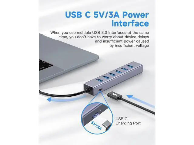 Alt view image 3 of 7 - USB C to USB Hub, 8 Ports USB 3.0 Adapter with 7 USB 3.0 Data Ports,USB C Splitter with USB C 5V/3a Extra Power, 7.9IN/20CM Main Cable USB HUB, USB Extension for Laptop and PC
